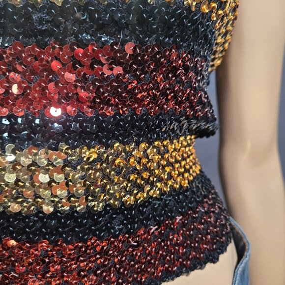 Vintage 70s 80 Disco Sequin Tube Top Size L Strapless Striped Brown Black Gold - Picture 3 of 8